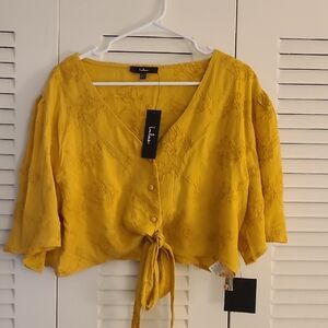 Lulu's Mustard Floral Button Tie Blouse